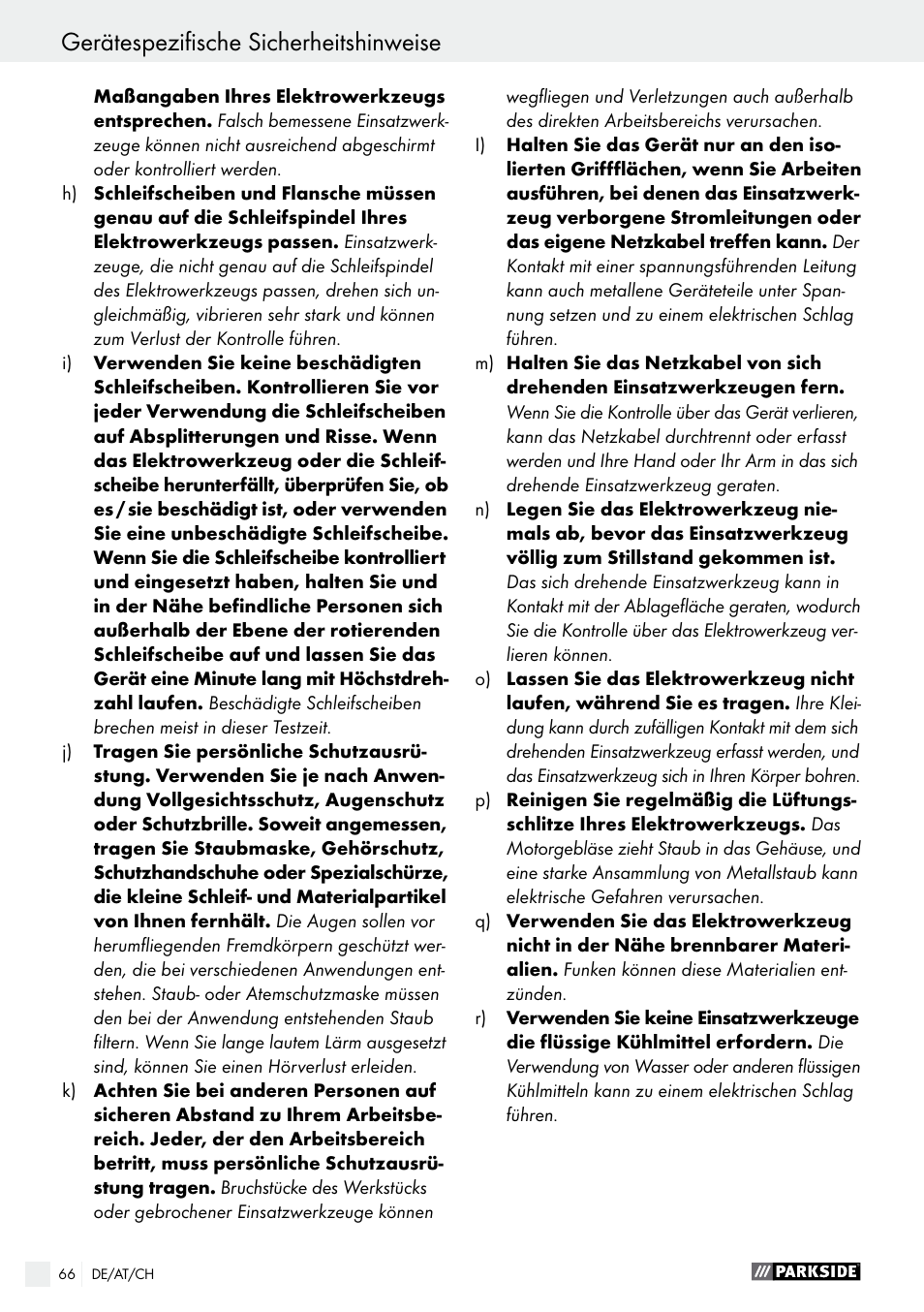 Gerätespezifische sicherheitshinweise | Parkside PTS 500 A1 User Manual | Page 66 / 72