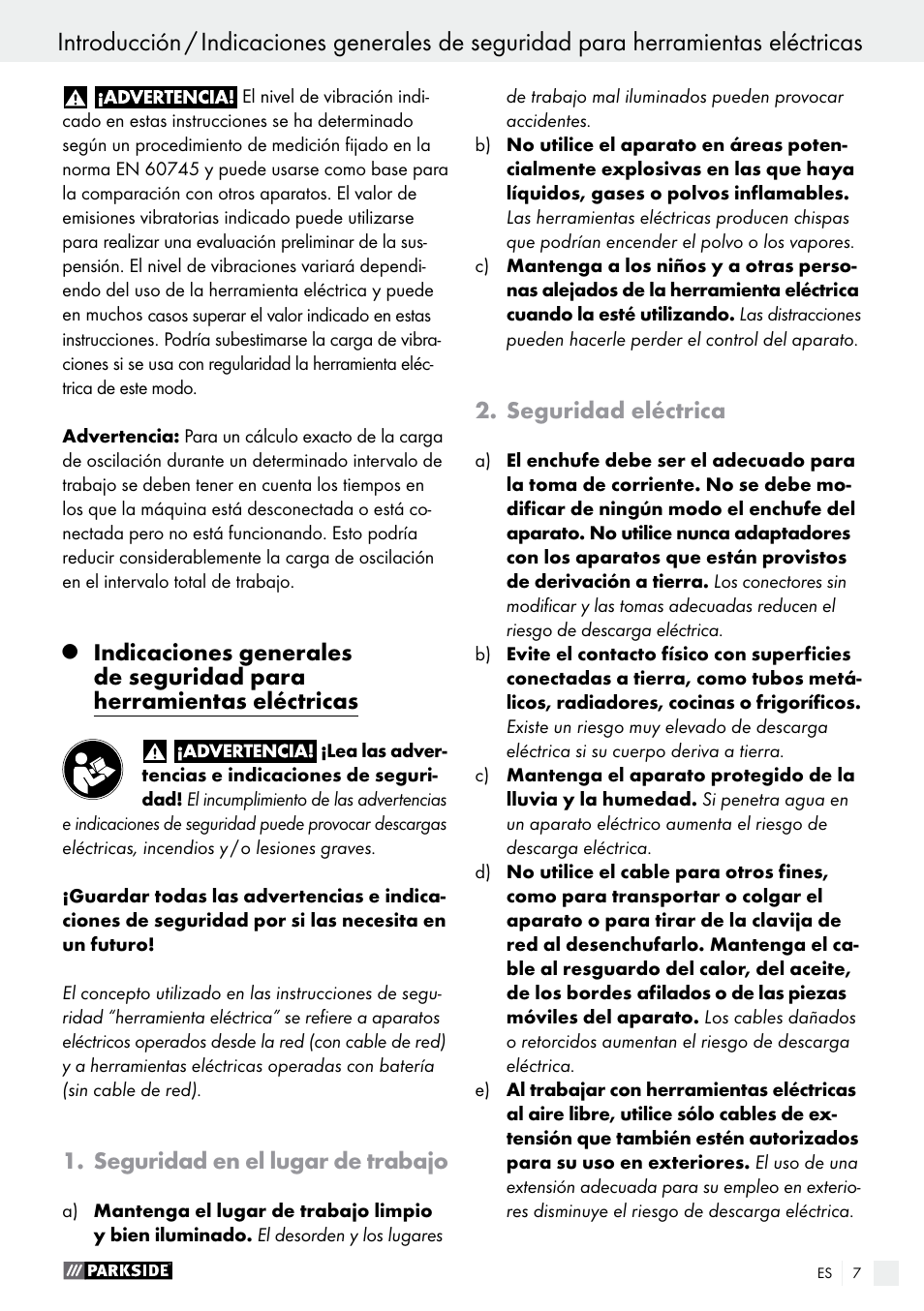 Seguridad en el lugar de trabajo, Seguridad eléctrica | Parkside PTS 500 A1 User Manual | Page 7 / 72