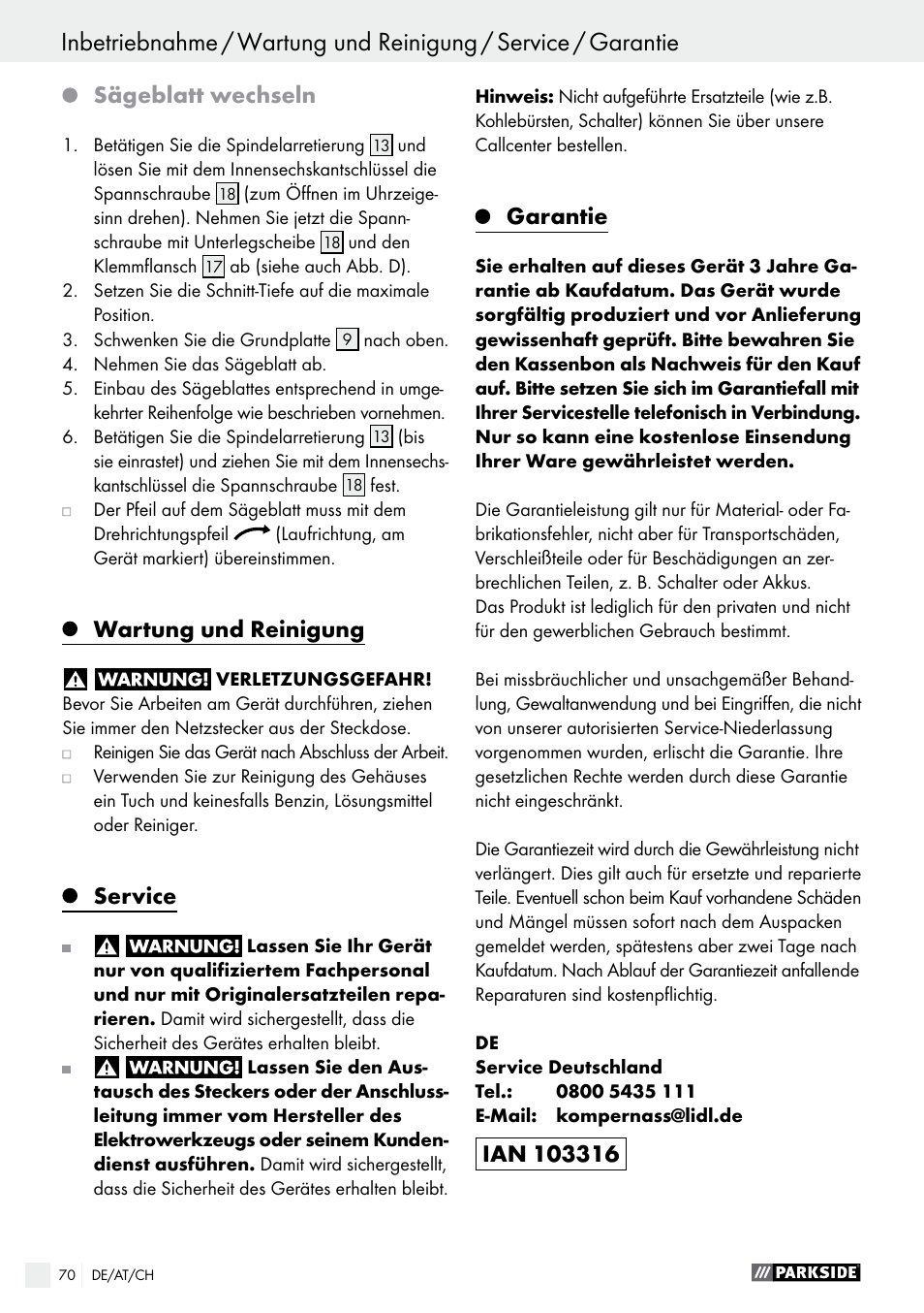 Sägeblatt wechseln, Wartung und reinigung, Service | Garantie | Parkside PTS 500 A1 User Manual | Page 70 / 72