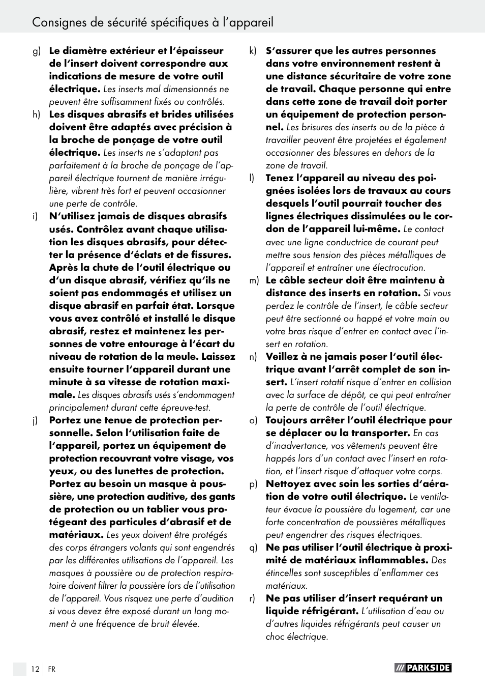 Consignes de sécurité spécifiques à l‘appareil | Parkside PTS 500 A1 User Manual | Page 12 / 45