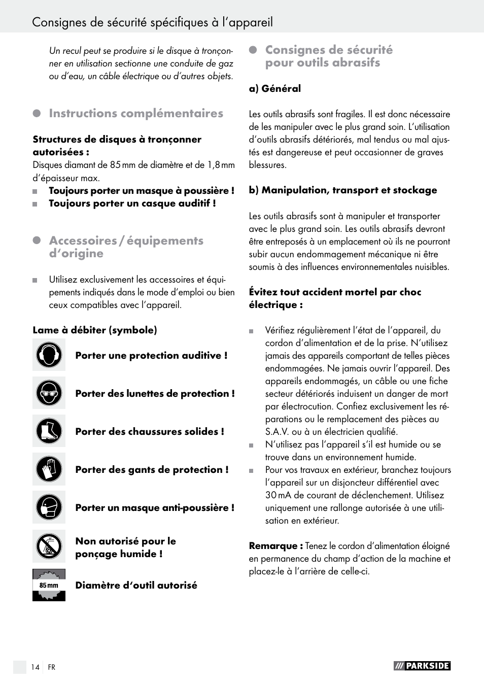 Instructions complémentaires, Accessoires / équipements d‘origine, Consignes de sécurité pour outils abrasifs | Parkside PTS 500 A1 User Manual | Page 14 / 45