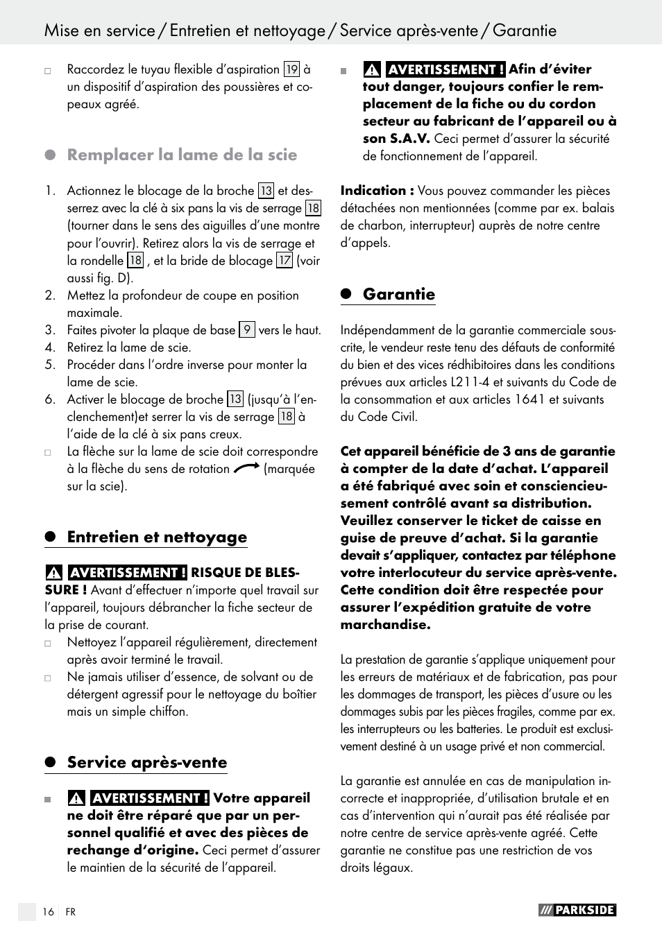 Remplacer la lame de la scie, Entretien et nettoyage, Service après-vente | Garantie | Parkside PTS 500 A1 User Manual | Page 16 / 45