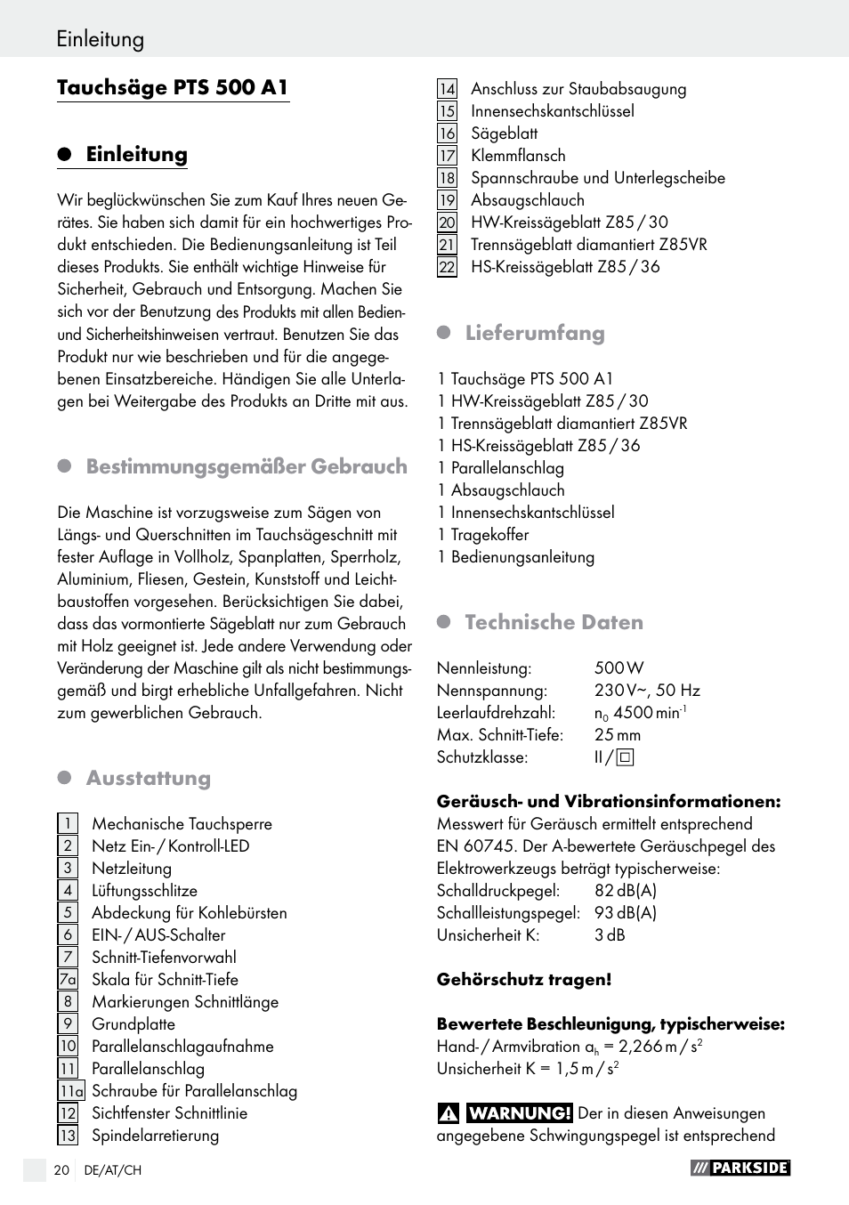 Einleitung, Tauchsäge pts 500 a1, Bestimmungsgemäßer gebrauch | Ausstattung, Lieferumfang, Technische daten | Parkside PTS 500 A1 User Manual | Page 20 / 45