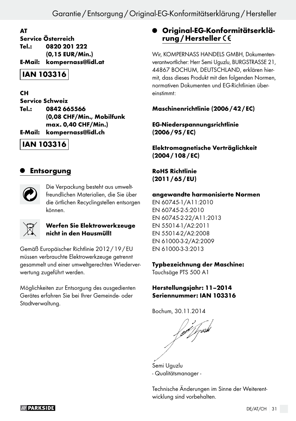 Entsorgung, Original-eg-konformitätserklä- rung / hersteller | Parkside PTS 500 A1 User Manual | Page 31 / 45