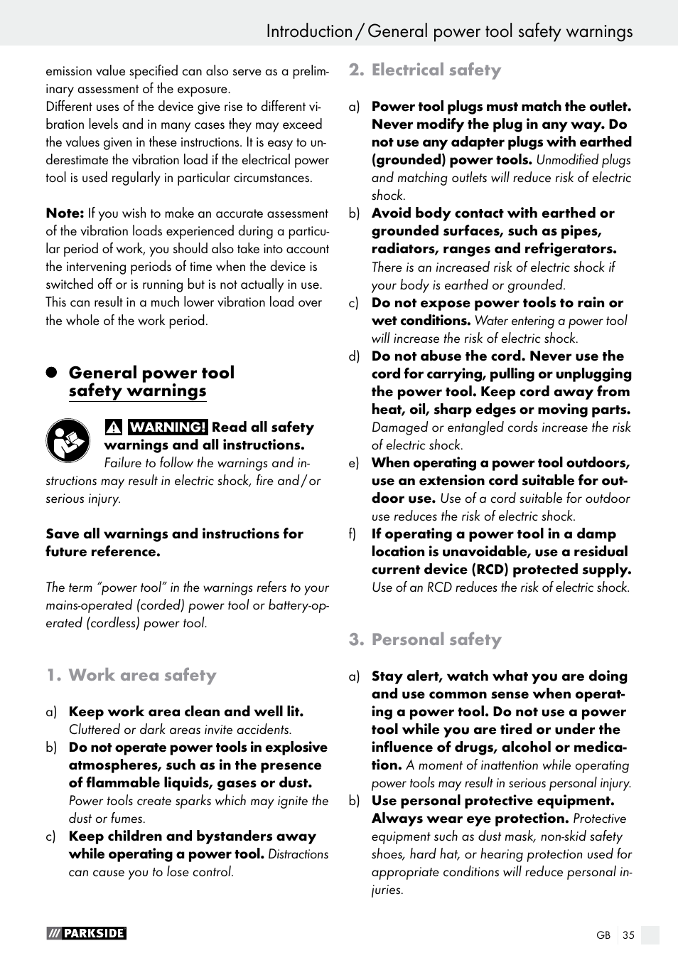 General power tool safety warnings, Work area safety, Electrical safety | Personal safety | Parkside PTS 500 A1 User Manual | Page 35 / 45