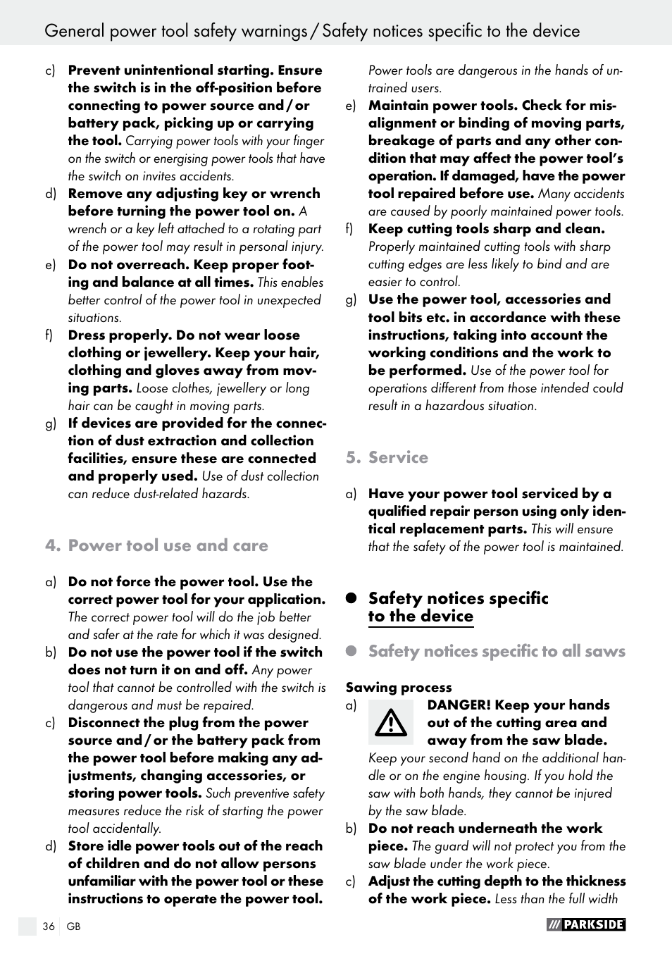 Power tool use and care, Service, Safety notices specific to the device | Safety notices specific to all saws | Parkside PTS 500 A1 User Manual | Page 36 / 45