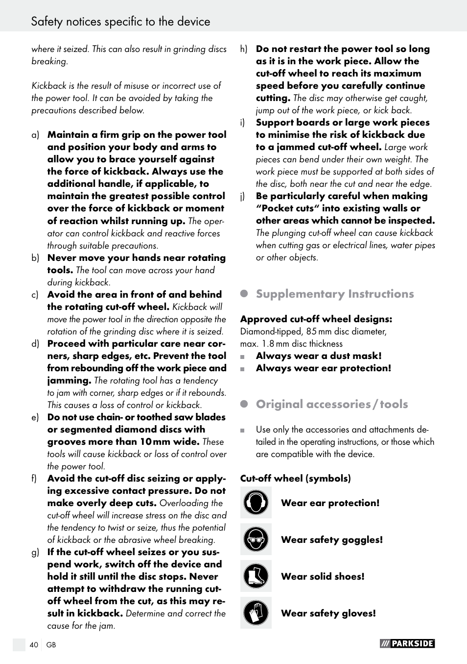 Safety notices specific to the device, Safety notices specific to the device / start-up, Supplementary instructions | Original accessories / tools | Parkside PTS 500 A1 User Manual | Page 40 / 45