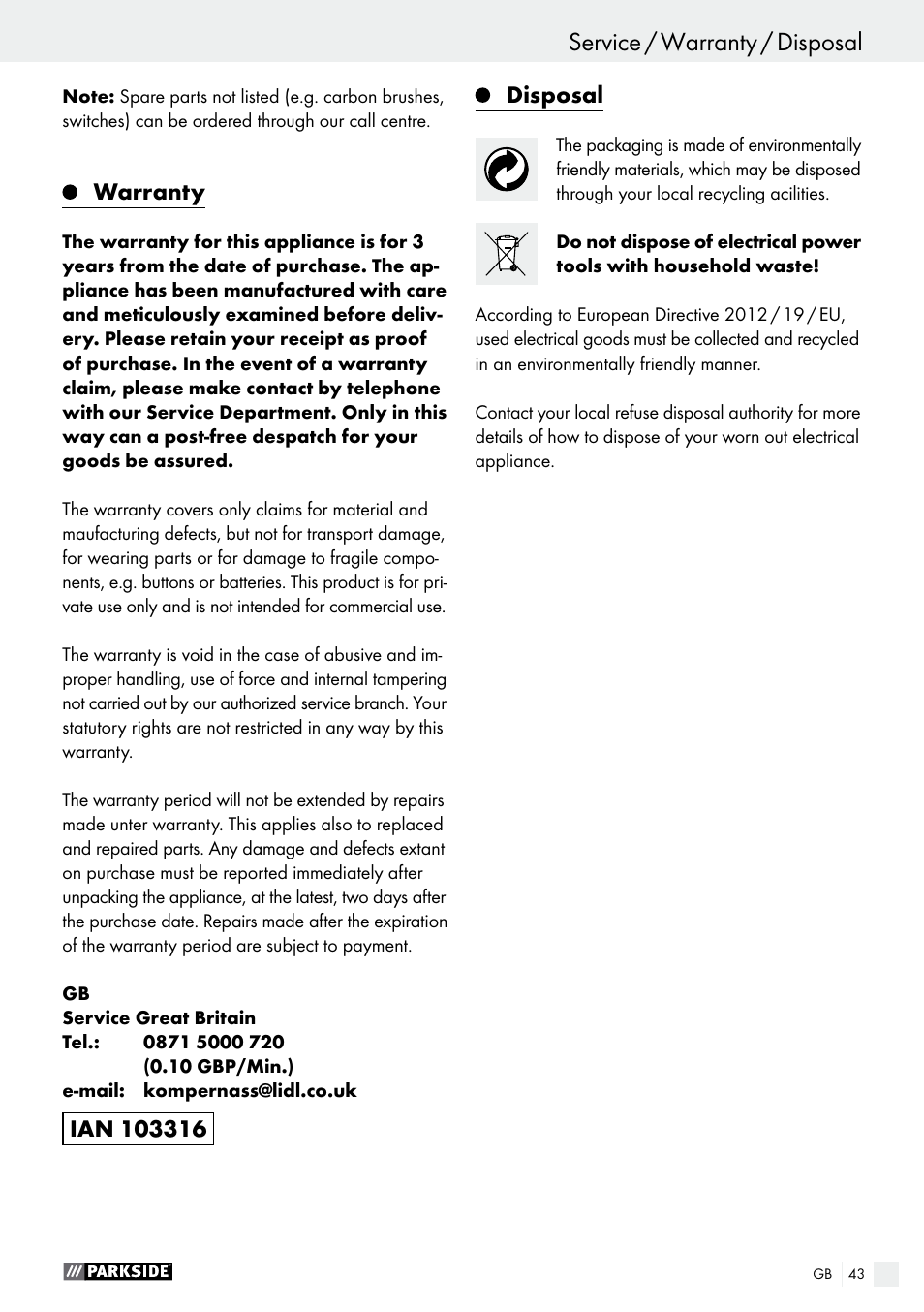 Warranty, Disposal | Parkside PTS 500 A1 User Manual | Page 43 / 45