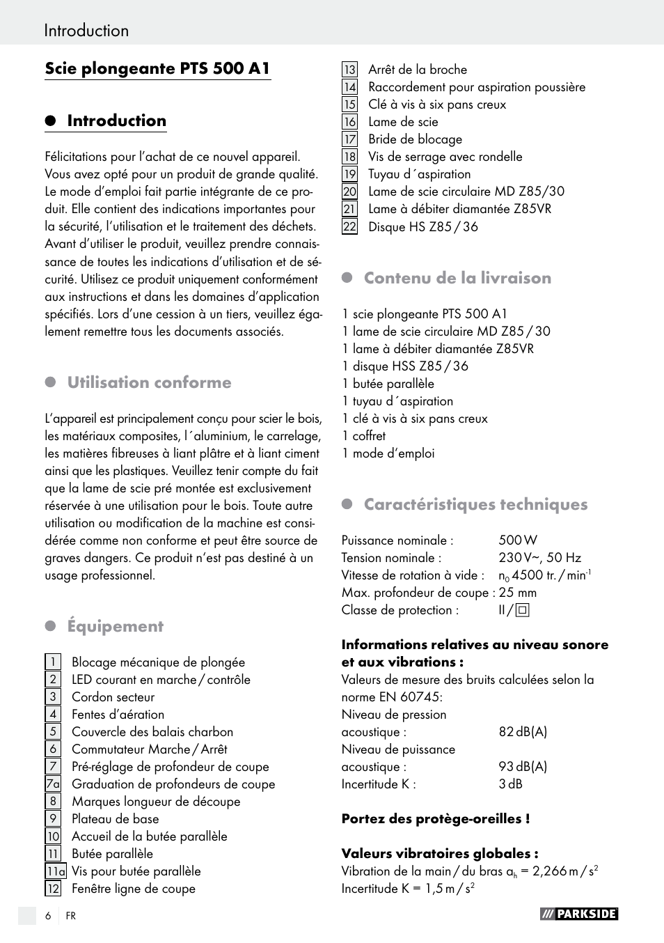 Scie plongeante pts 500 a1 introduction, Utilisation conforme, Équipement | Contenu de la livraison, Caractéristiques techniques | Parkside PTS 500 A1 User Manual | Page 6 / 45