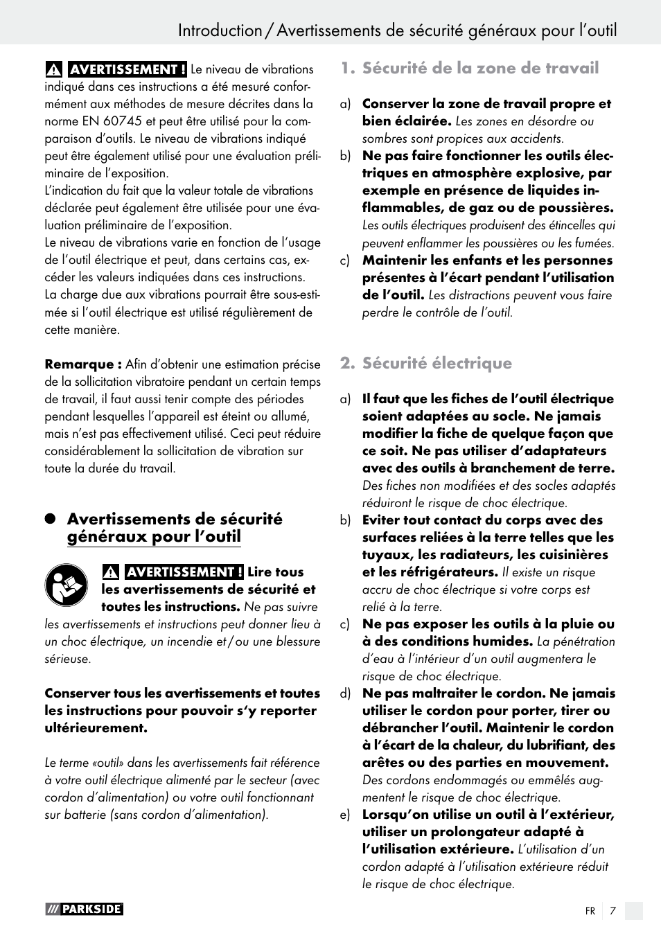 Avertissements de sécurité généraux pour l’outil, Sécurité de la zone de travail, Sécurité électrique | Parkside PTS 500 A1 User Manual | Page 7 / 45