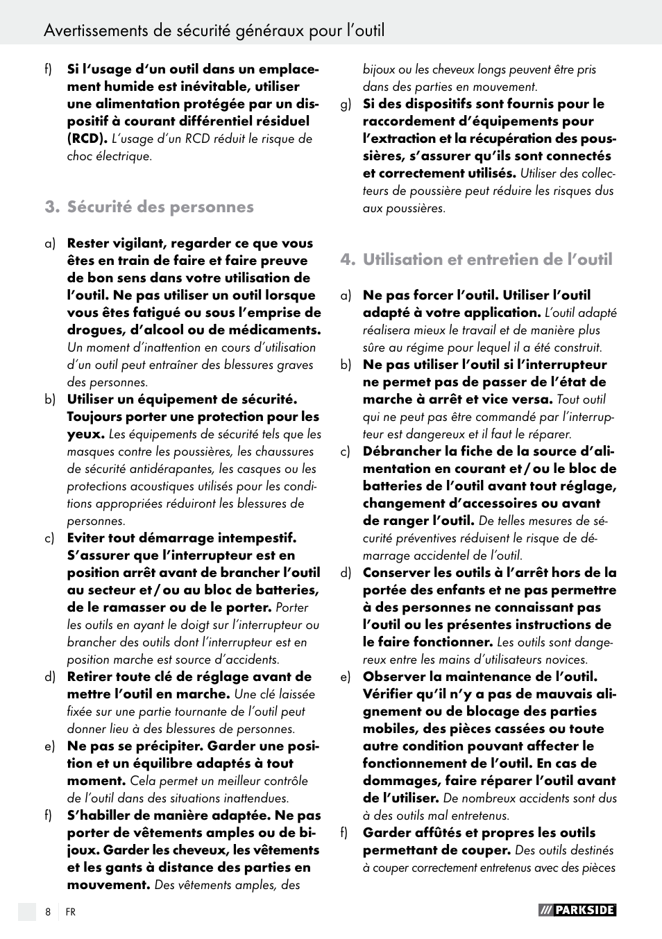 Sécurité des personnes, Utilisation et entretien de l’outil | Parkside PTS 500 A1 User Manual | Page 8 / 45