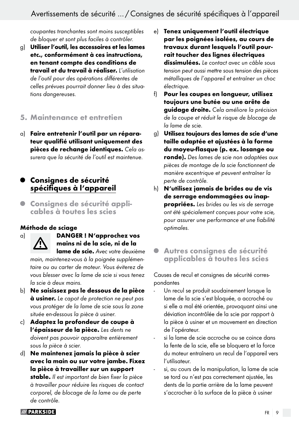 Maintenance et entretien, Consignes de sécurité spécifiques à l‘appareil | Parkside PTS 500 A1 User Manual | Page 9 / 45