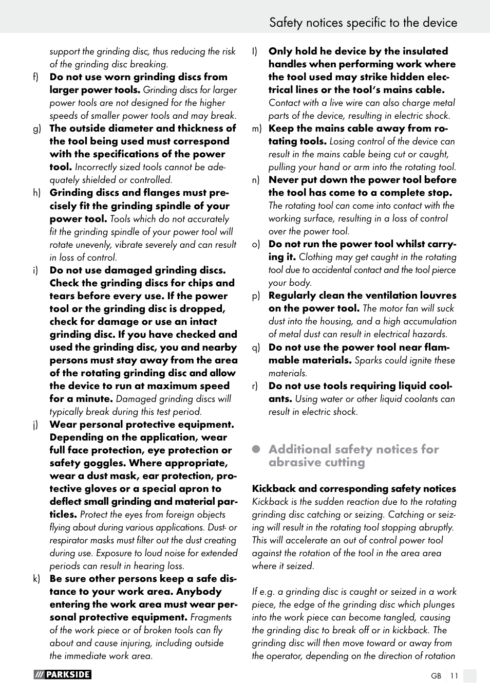 Safety notices specific to the device, Additional safety notices for abrasive cutting | Parkside PTS 500 A1 User Manual | Page 11 / 86