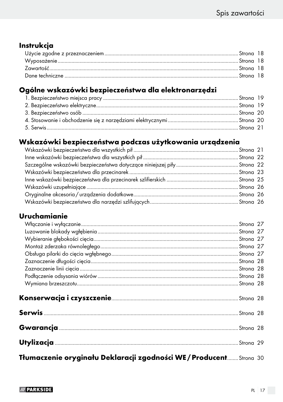 Spis zawartości | Parkside PTS 500 A1 User Manual | Page 17 / 86