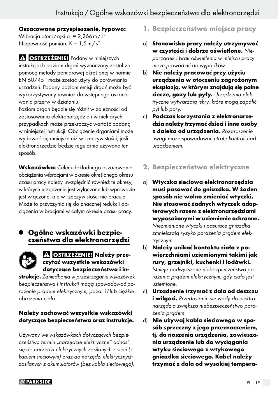 Bezpieczeństwo miejsca pracy, Bezpieczeństwo elektryczne | Parkside PTS 500 A1 User Manual | Page 19 / 86