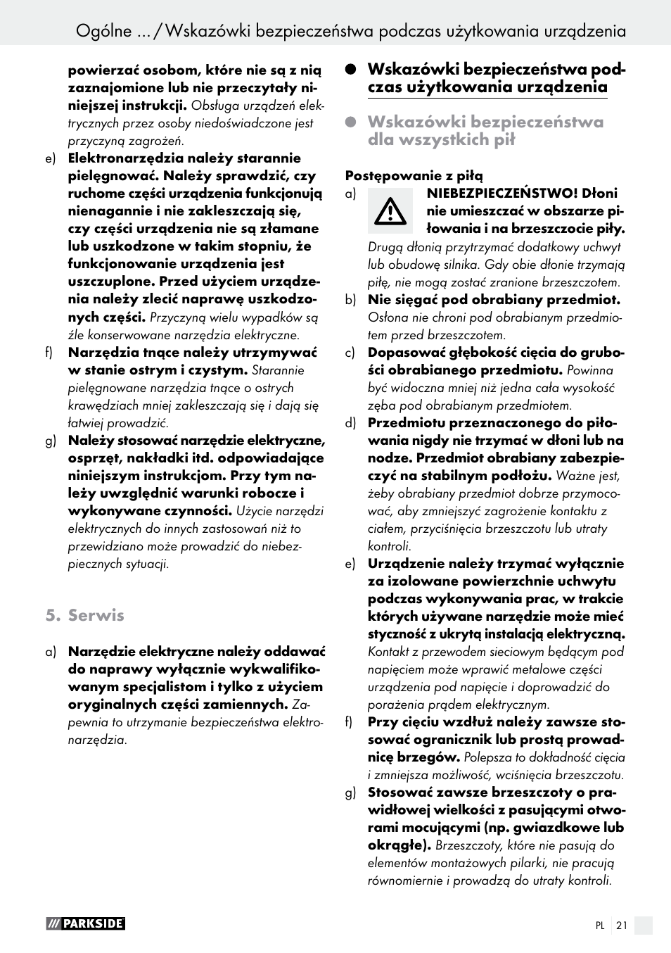 Serwis, Wskazówki bezpieczeństwa dla wszystkich pił | Parkside PTS 500 A1 User Manual | Page 21 / 86