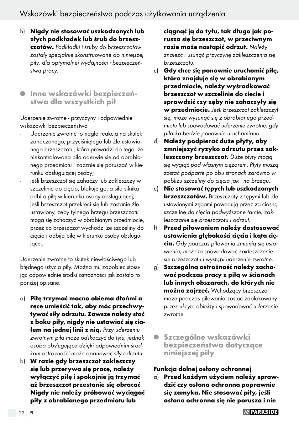 Inne wskazówki bezpieczeń- stwa dla wszystkich pił | Parkside PTS 500 A1 User Manual | Page 22 / 86