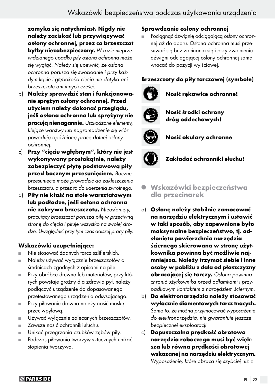 Wskazówki bezpieczeństwa dla przecinarek | Parkside PTS 500 A1 User Manual | Page 23 / 86