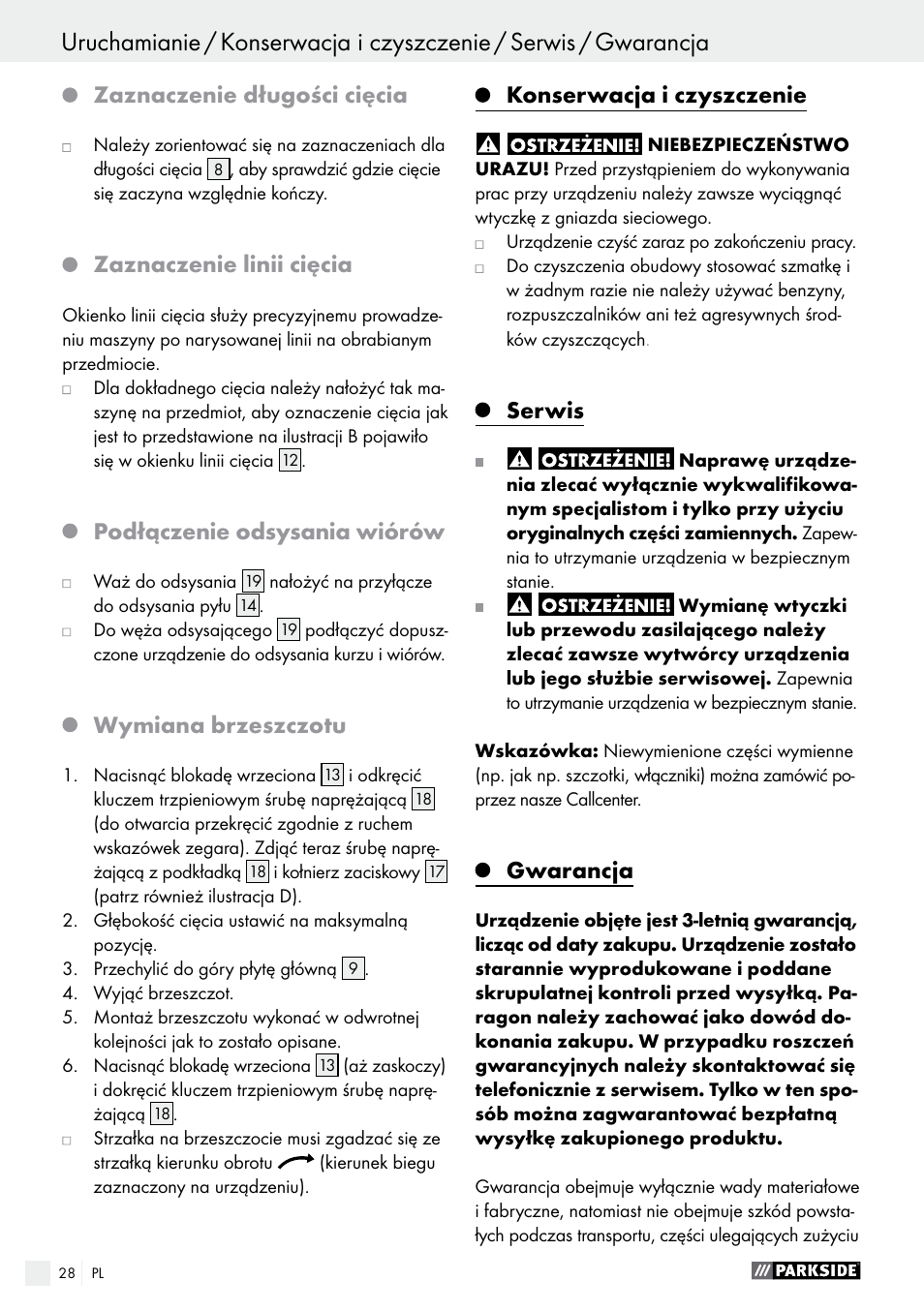 Gwarancja / utylizacja, Zaznaczenie długości cięcia, Zaznaczenie linii cięcia | Podłączenie odsysania wiórów, Wymiana brzeszczotu, Konserwacja i czyszczenie, Serwis, Gwarancja | Parkside PTS 500 A1 User Manual | Page 28 / 86
