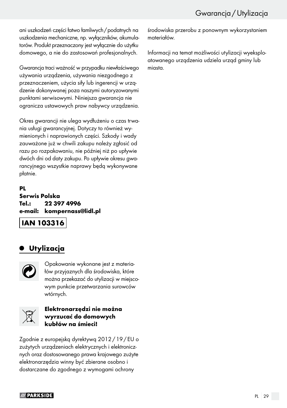 Utylizacja | Parkside PTS 500 A1 User Manual | Page 29 / 86