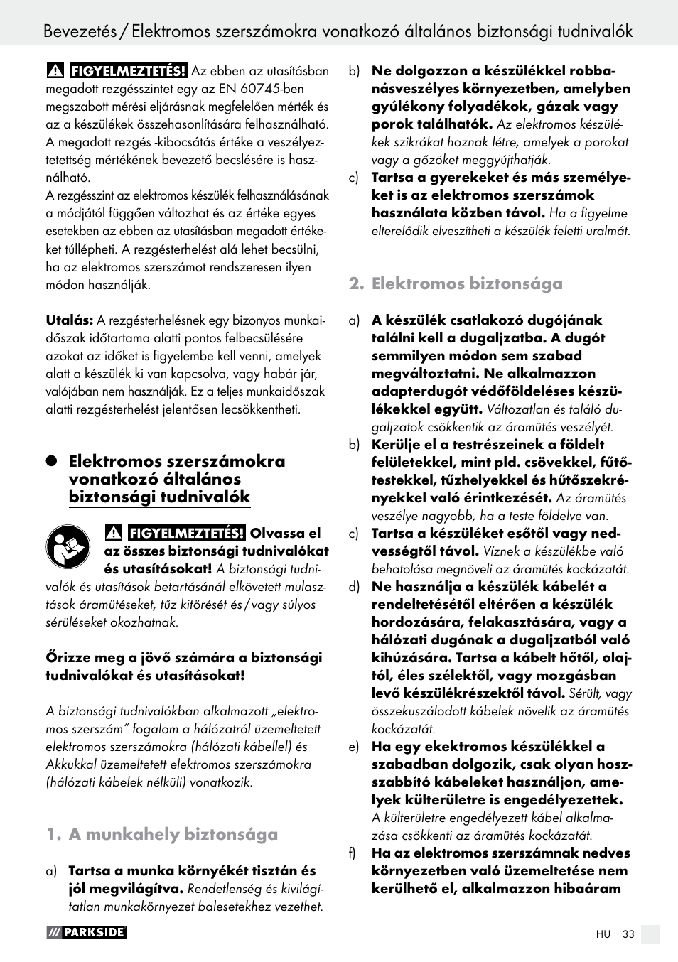 A munkahely biztonsága, Elektromos biztonsága | Parkside PTS 500 A1 User Manual | Page 33 / 86