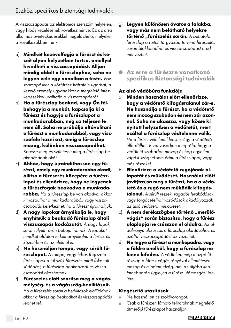 Eszköz specifikus biztonsági tudnivalók | Parkside PTS 500 A1 User Manual | Page 36 / 86