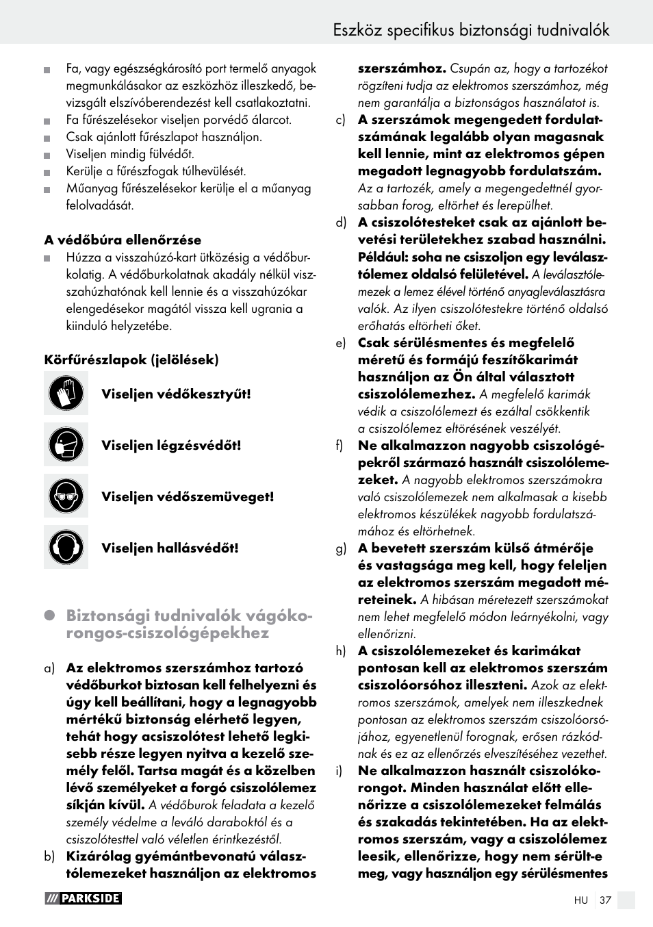 Eszköz specifikus biztonsági tudnivalók | Parkside PTS 500 A1 User Manual | Page 37 / 86