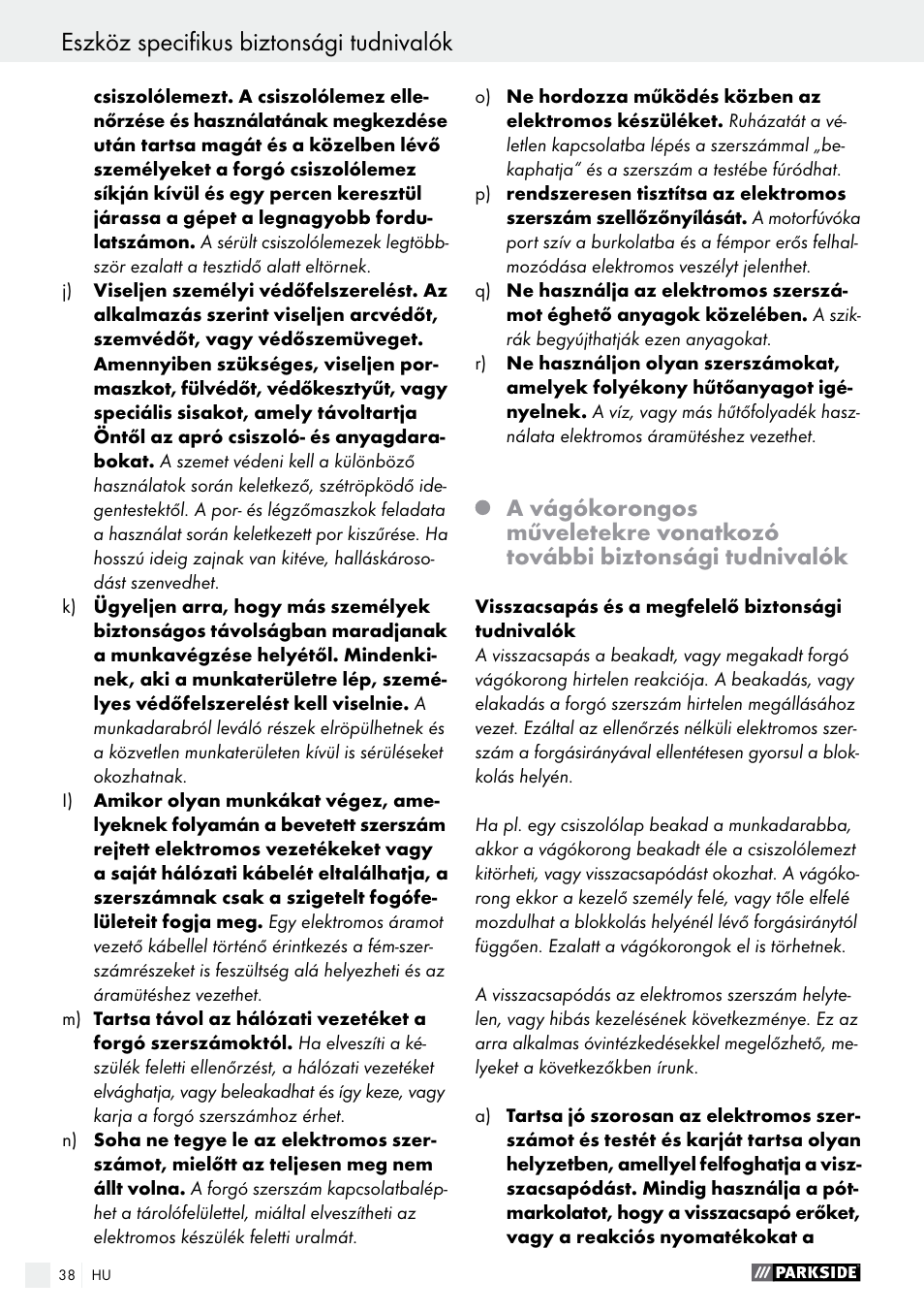 Eszköz specifikus biztonsági tudnivalók | Parkside PTS 500 A1 User Manual | Page 38 / 86