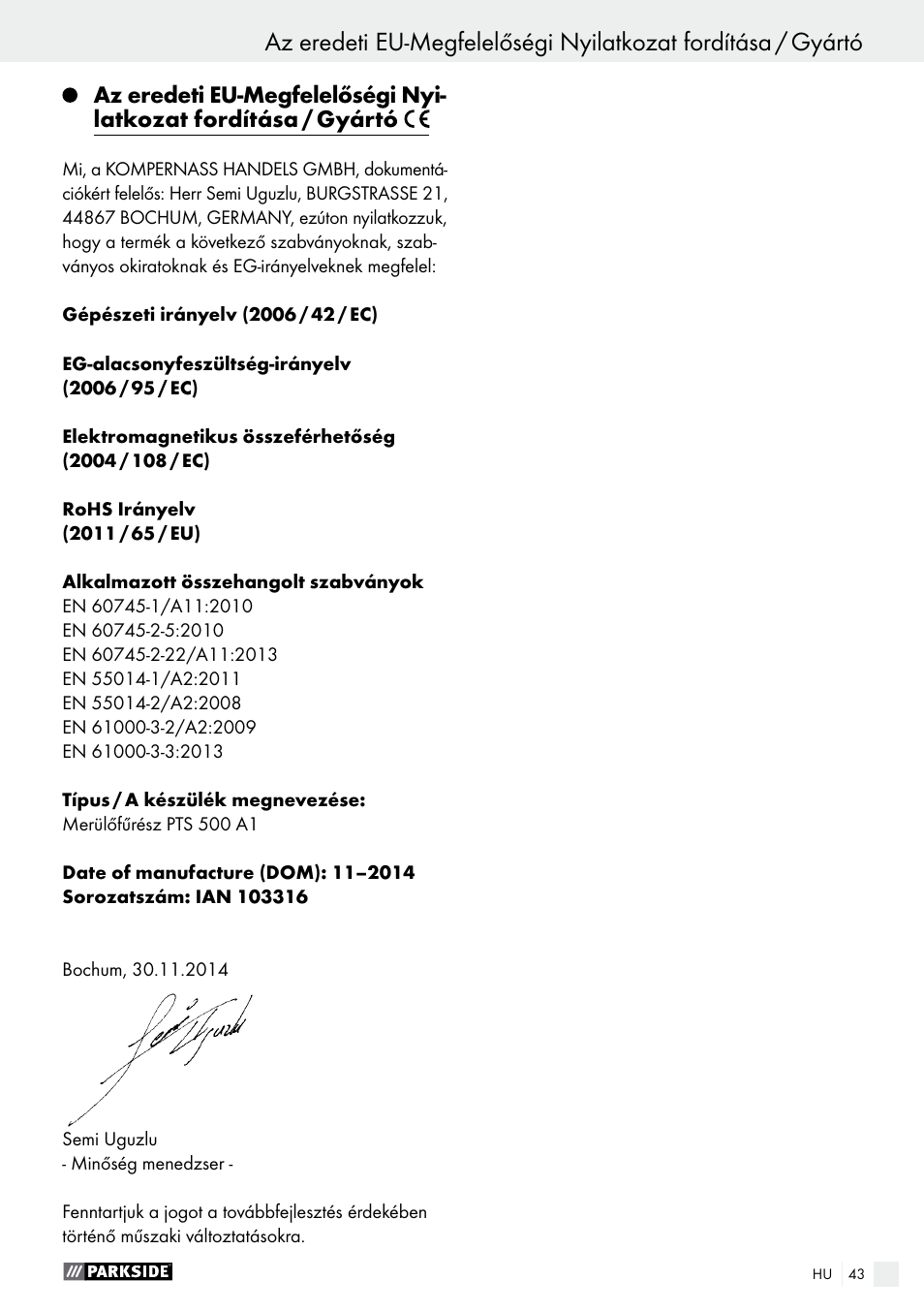 Garancia / hulladékleadás | Parkside PTS 500 A1 User Manual | Page 43 / 86