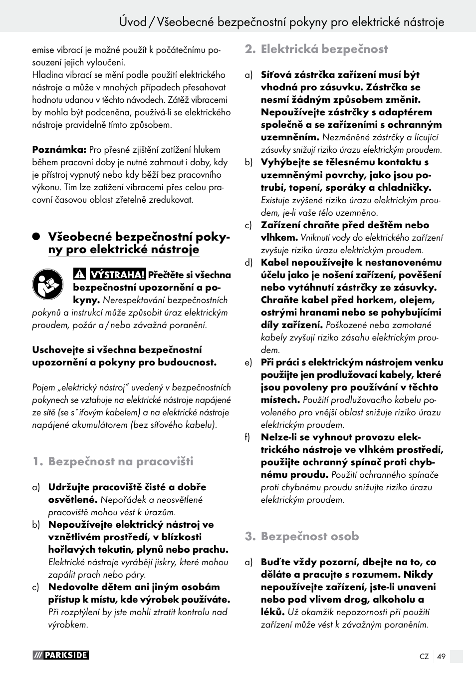 Bezpečnost na pracovišti, Elektrická bezpečnost, Bezpečnost osob | Parkside PTS 500 A1 User Manual | Page 49 / 86