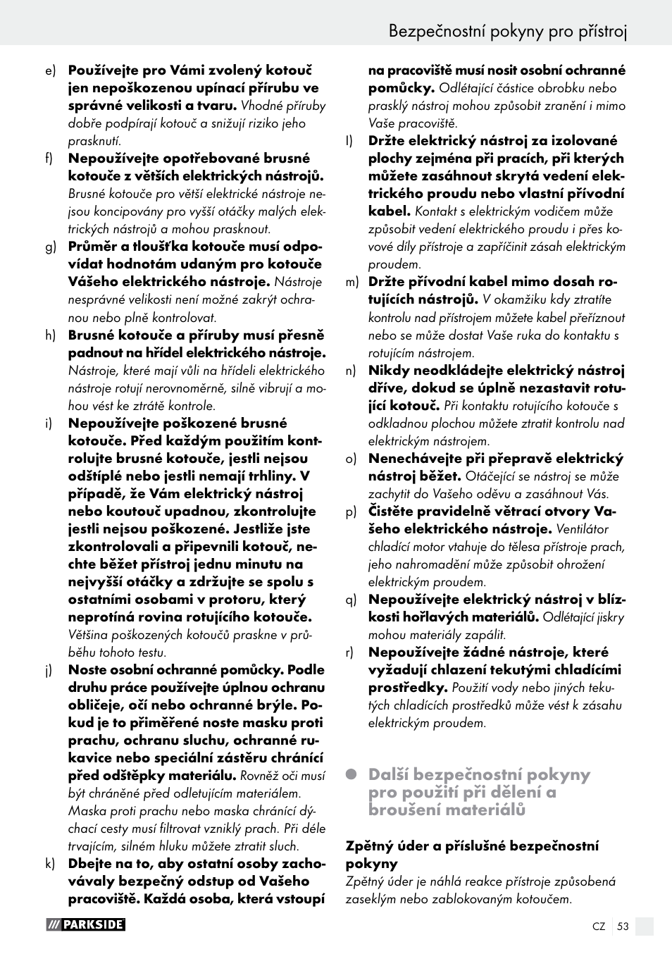 Bezpečnostní pokyny pro přístroj | Parkside PTS 500 A1 User Manual | Page 53 / 86