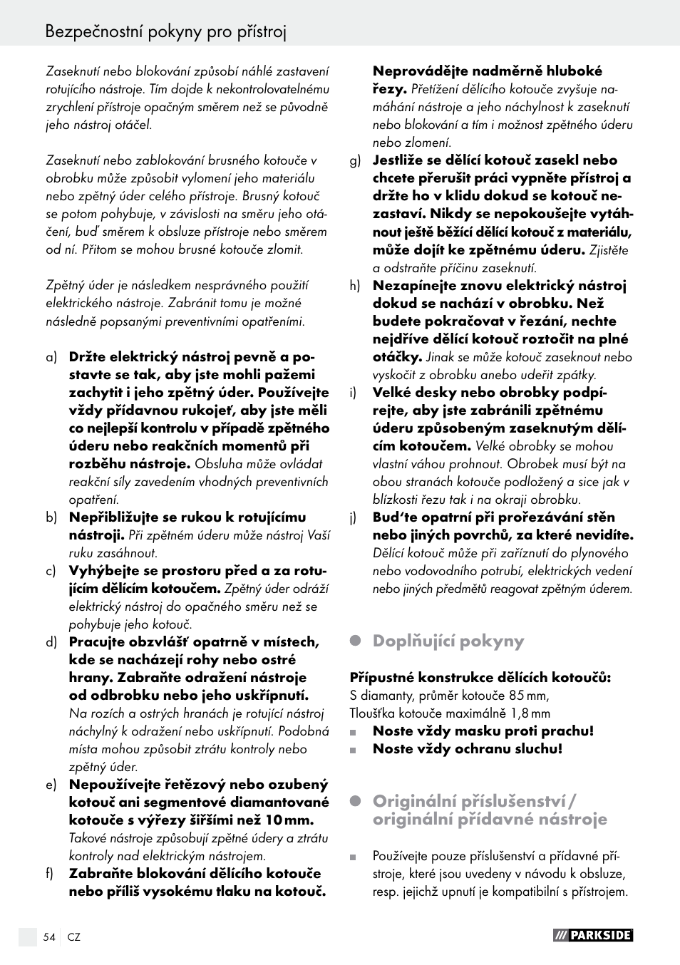 Bezpečnostní pokyny pro přístroj, Doplňující pokyny | Parkside PTS 500 A1 User Manual | Page 54 / 86