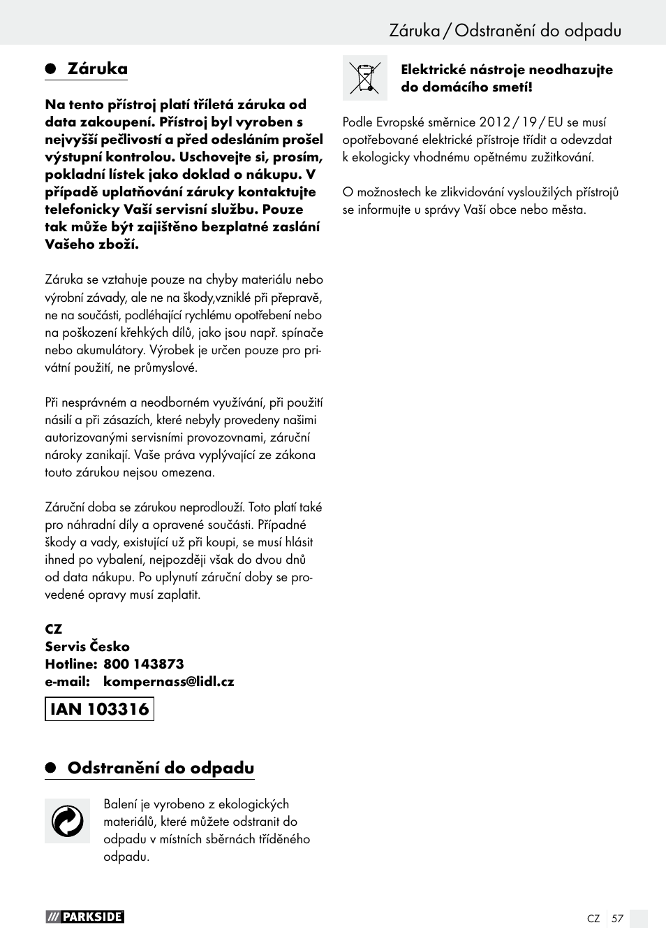 Uvedení do provozu / údržba a čištění / servis, Záruka / odstranění do odpadu, Záruka | Odstranění do odpadu | Parkside PTS 500 A1 User Manual | Page 57 / 86