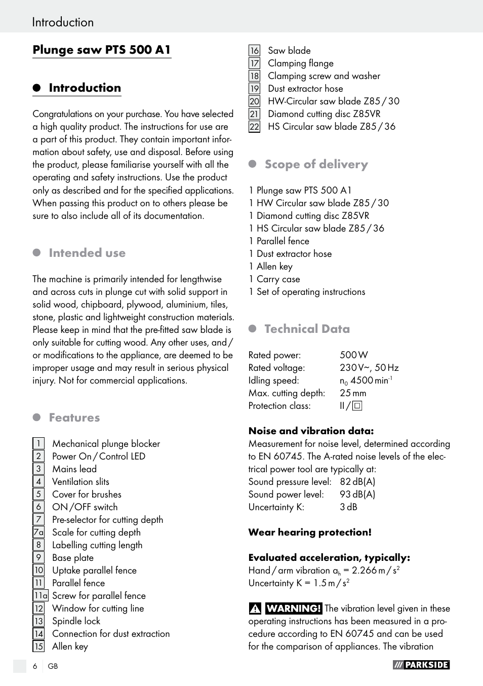 Introduction, Introduction / general power tool safety warnings, Plunge saw pts 500 a1 introduction | Intended use, Features, Scope of delivery, Technical data | Parkside PTS 500 A1 User Manual | Page 6 / 86