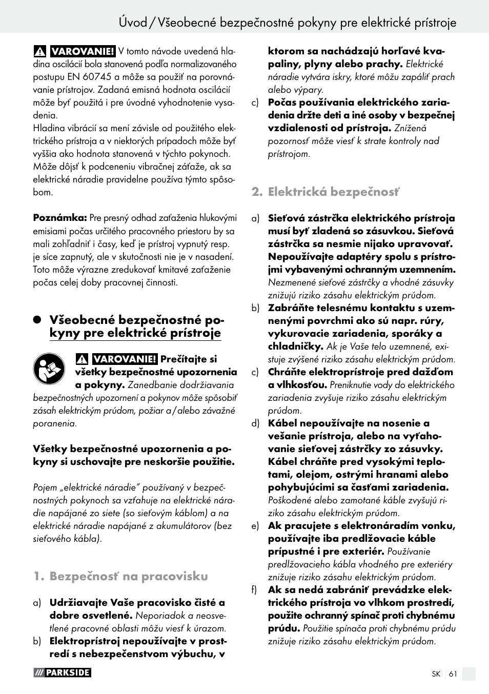 Bezpečnosť na pracovisku, Elektrická bezpečnosť | Parkside PTS 500 A1 User Manual | Page 61 / 86