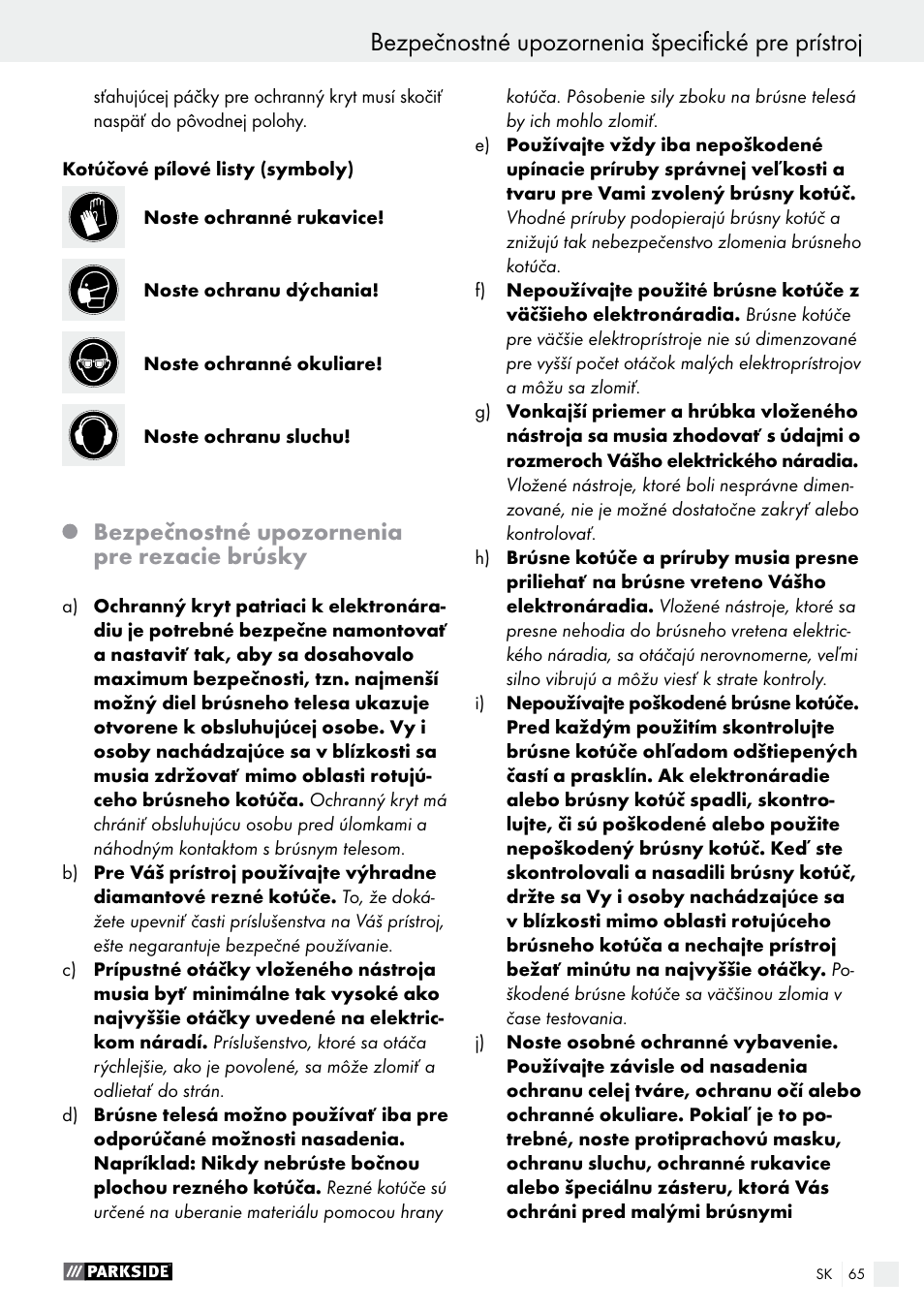 Bezpečnostné upozornenia špecifické pre prístroj, Bezpečnostné upozornenia pre rezacie brúsky | Parkside PTS 500 A1 User Manual | Page 65 / 86