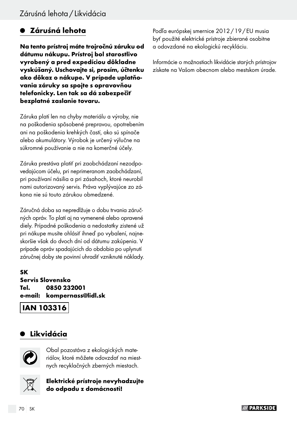 Parkside PTS 500 A1 User Manual | Page 70 / 86