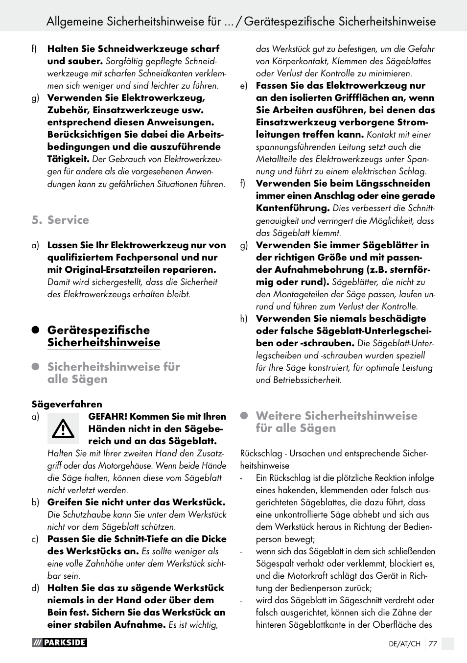 Service, Gerätespezifische sicherheitshinweise, Sicherheitshinweise für alle sägen | Weitere sicherheitshinweise für alle sägen | Parkside PTS 500 A1 User Manual | Page 77 / 86