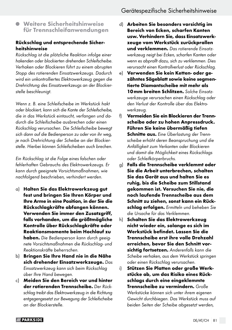 Gerätespezifische sicherheitshinweise | Parkside PTS 500 A1 User Manual | Page 81 / 86