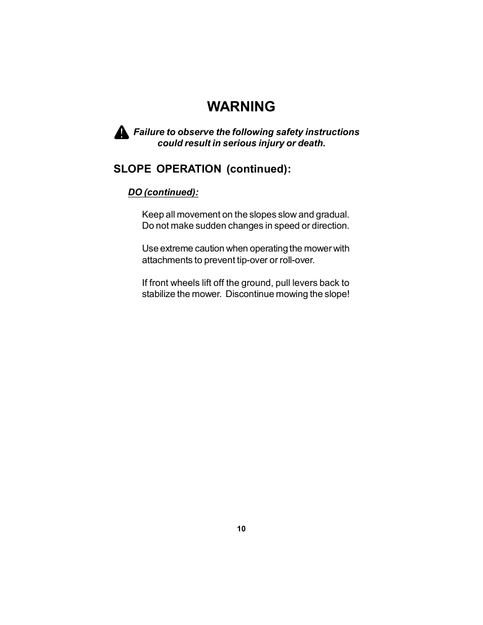 Warning | Dixon Black Bear User Manual | Page 10 / 52