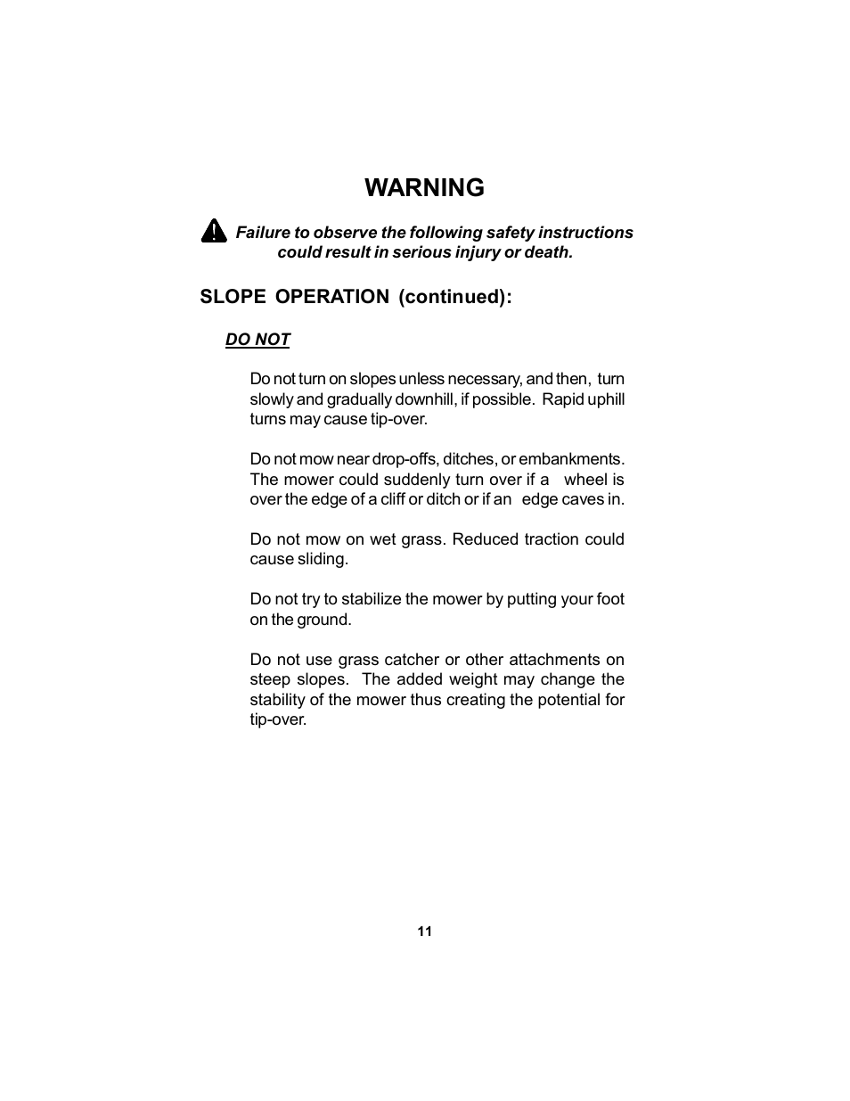 Warning | Dixon Black Bear User Manual | Page 11 / 52