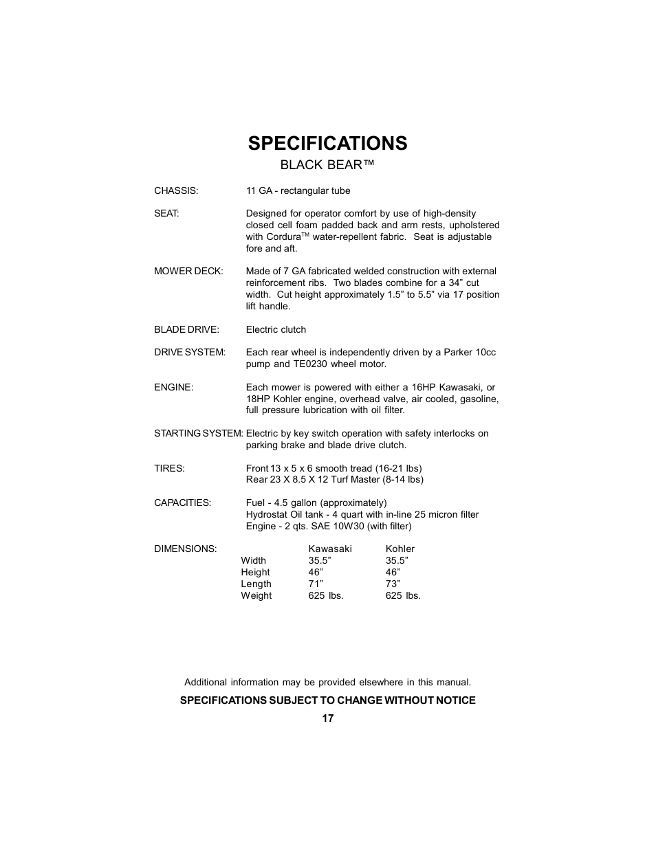 Specifications, Black bear | Dixon Black Bear User Manual | Page 17 / 52