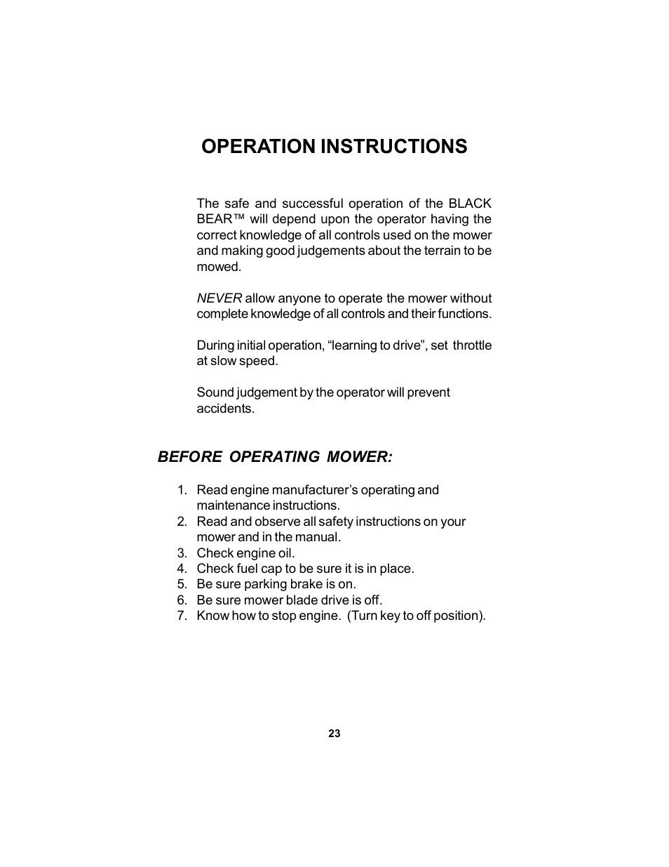 Operation instructions | Dixon Black Bear User Manual | Page 23 / 52