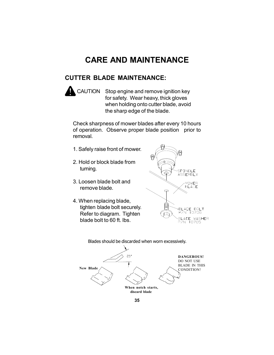 Care and maintenance, Cutter blade maintenance | Dixon Black Bear User Manual | Page 35 / 52