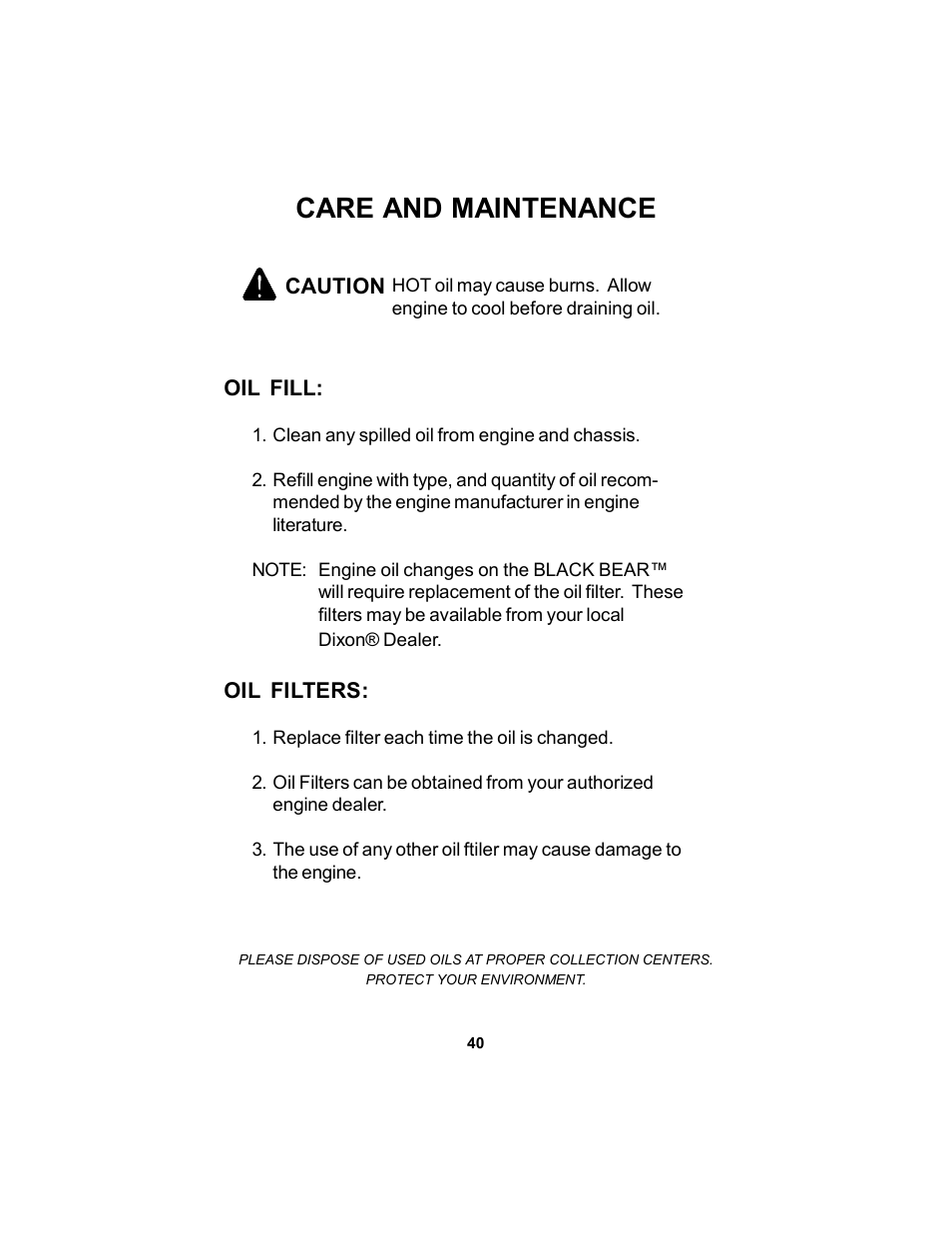 Care and maintenance | Dixon Black Bear User Manual | Page 40 / 52