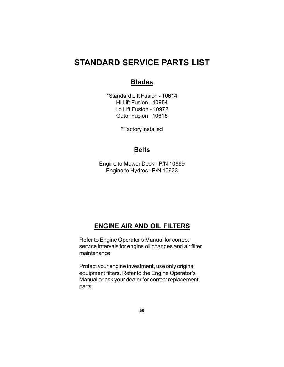 Standard service parts list | Dixon Black Bear User Manual | Page 50 / 52