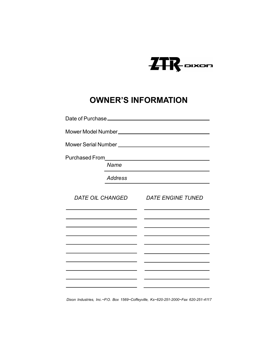 Owner’s information | Dixon Black Bear User Manual | Page 51 / 52