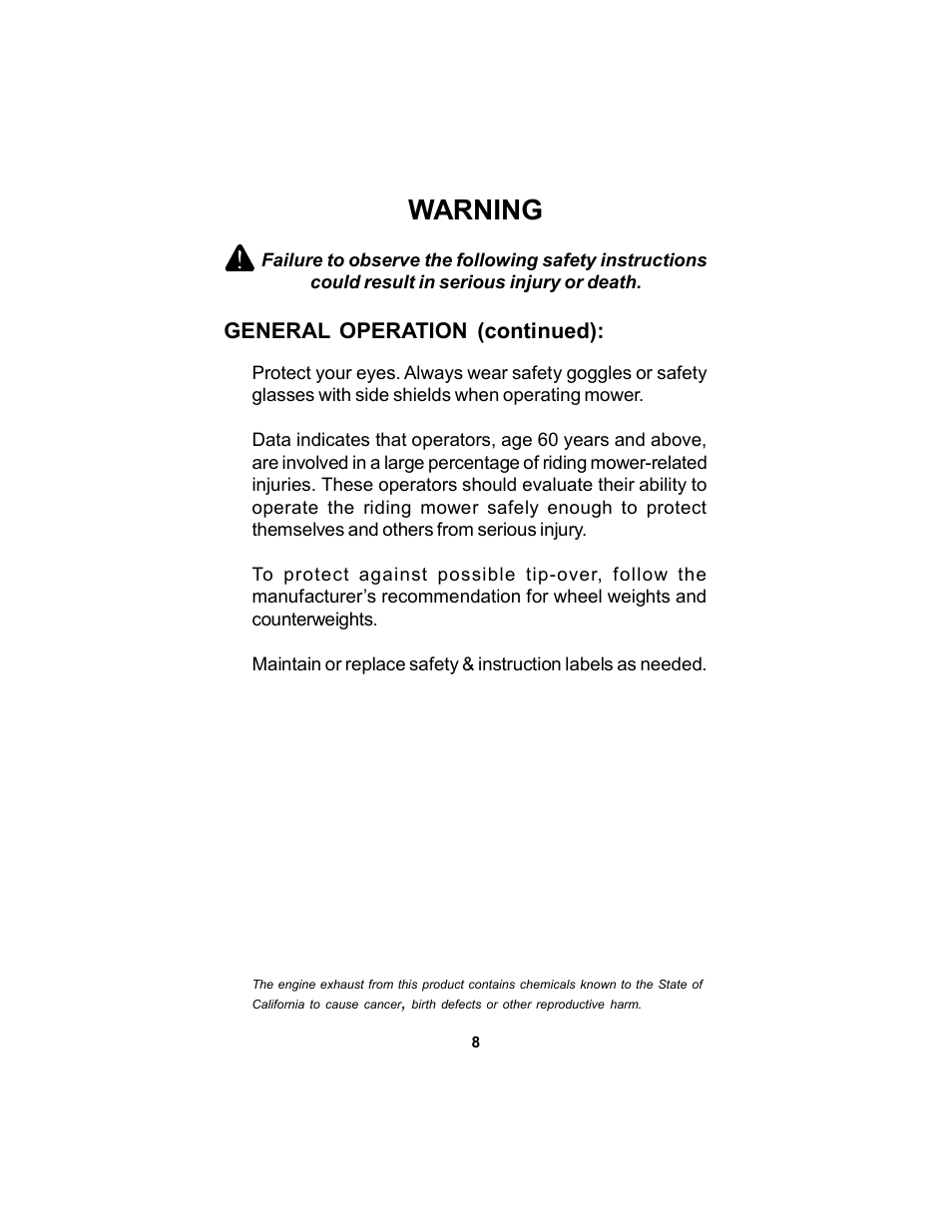 Warning | Dixon Black Bear User Manual | Page 8 / 52