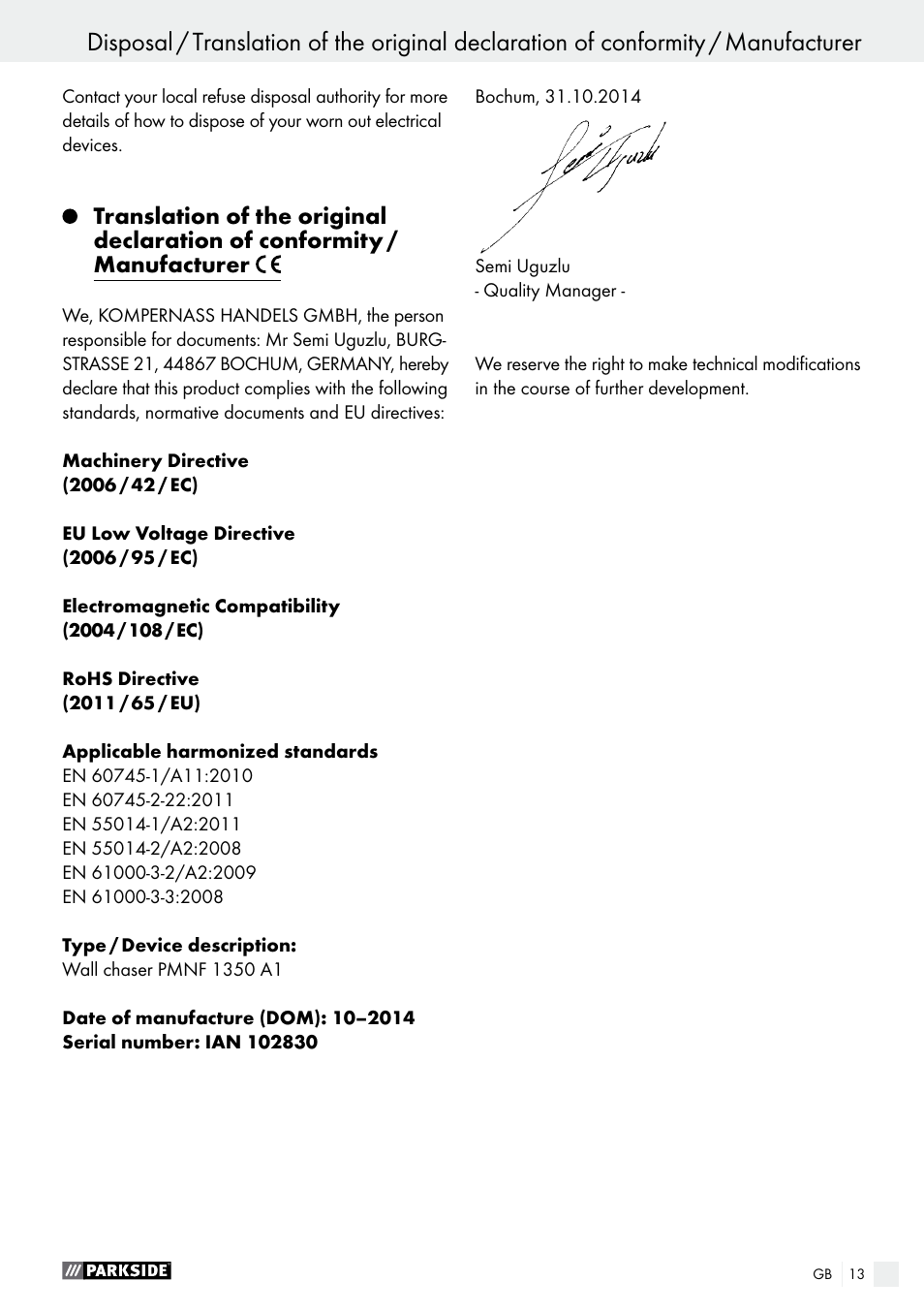 Parkside PMNF 1350 A1 User Manual | Page 13 / 79