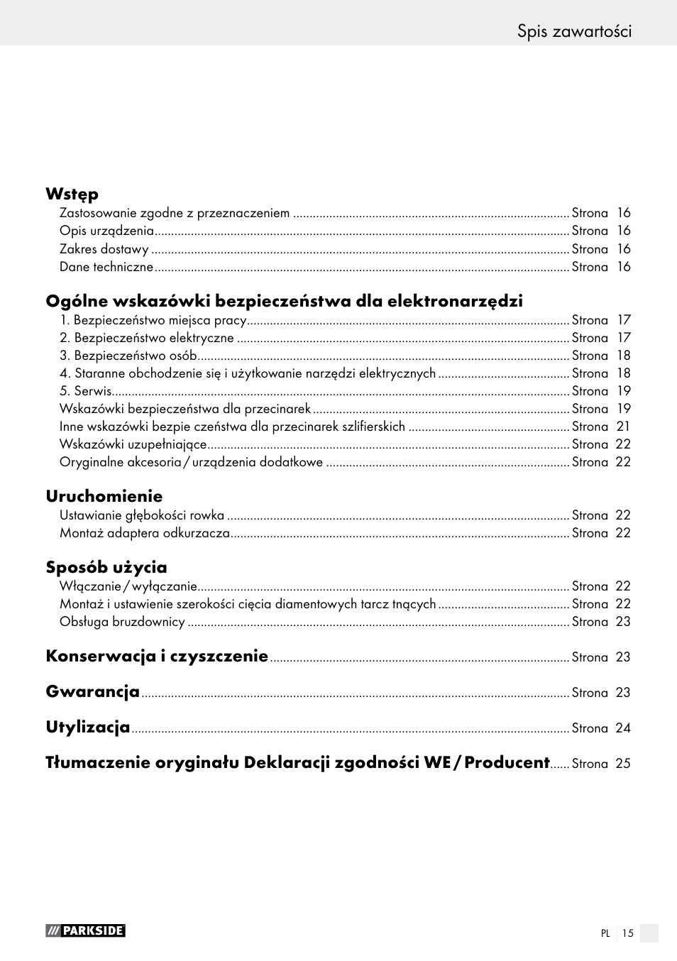 Spis zawartości | Parkside PMNF 1350 A1 User Manual | Page 15 / 79